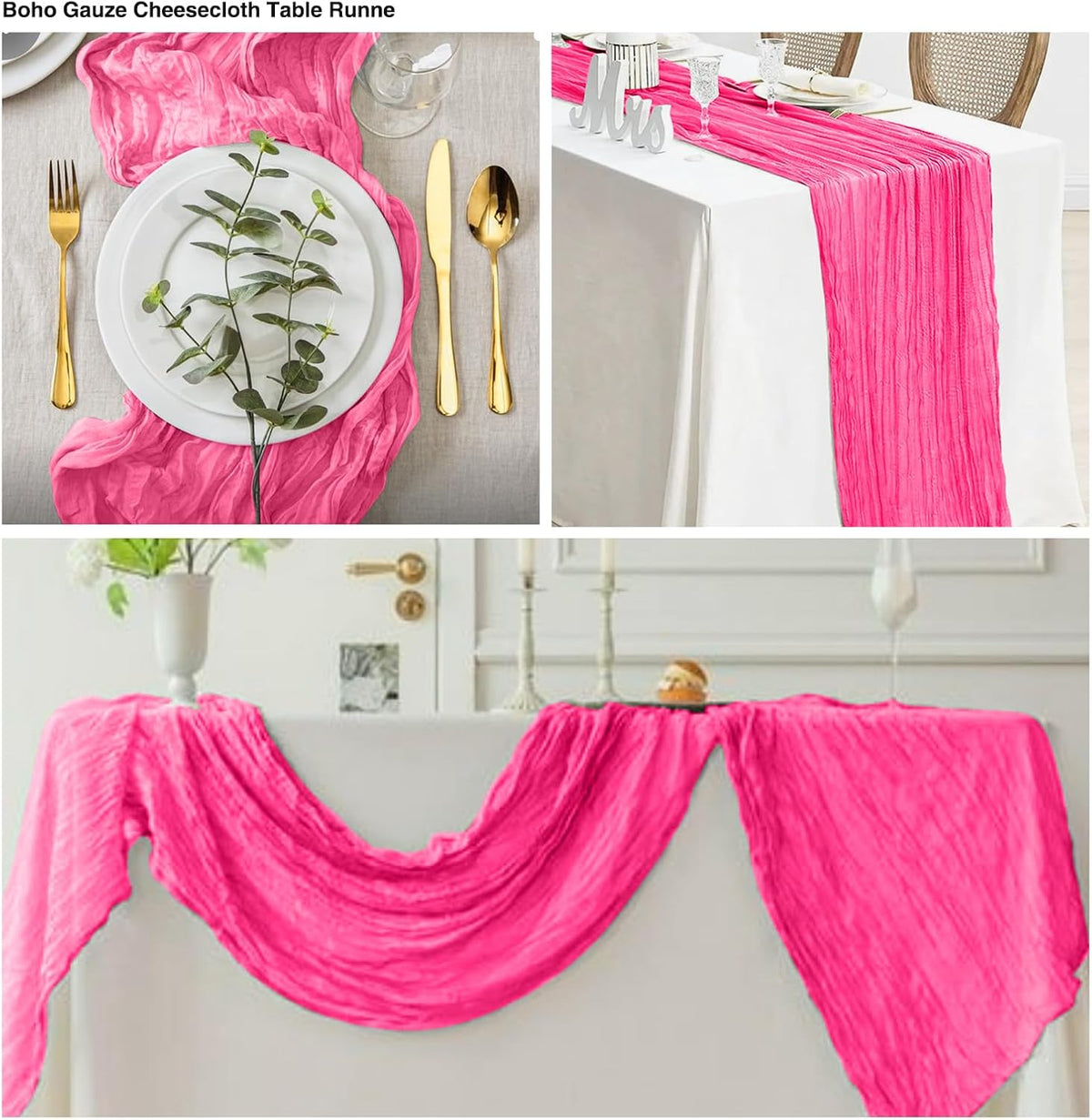 12 Pack Hot Pink 10 Ft Cheesecloth Table Runner 20x120 Inch Boho Wrinkled Sheer Romantic Gauze