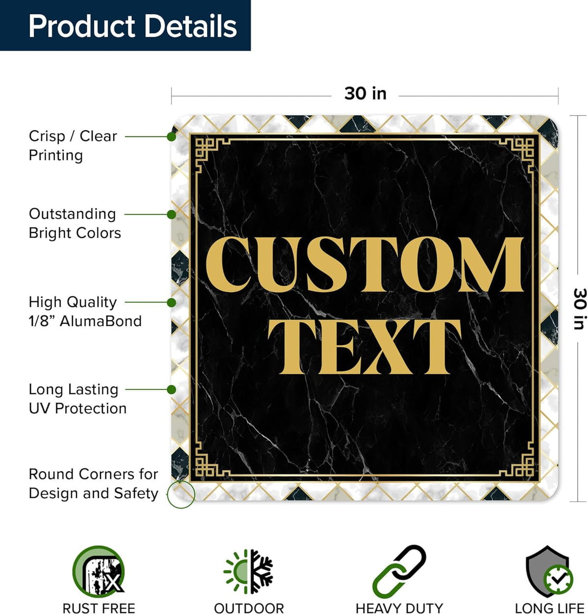 Custom Sign, Custom Street Sign, 11 Font Colors, 13 Font Styles, 4 Hole Options, 22 Sizes, 30x30