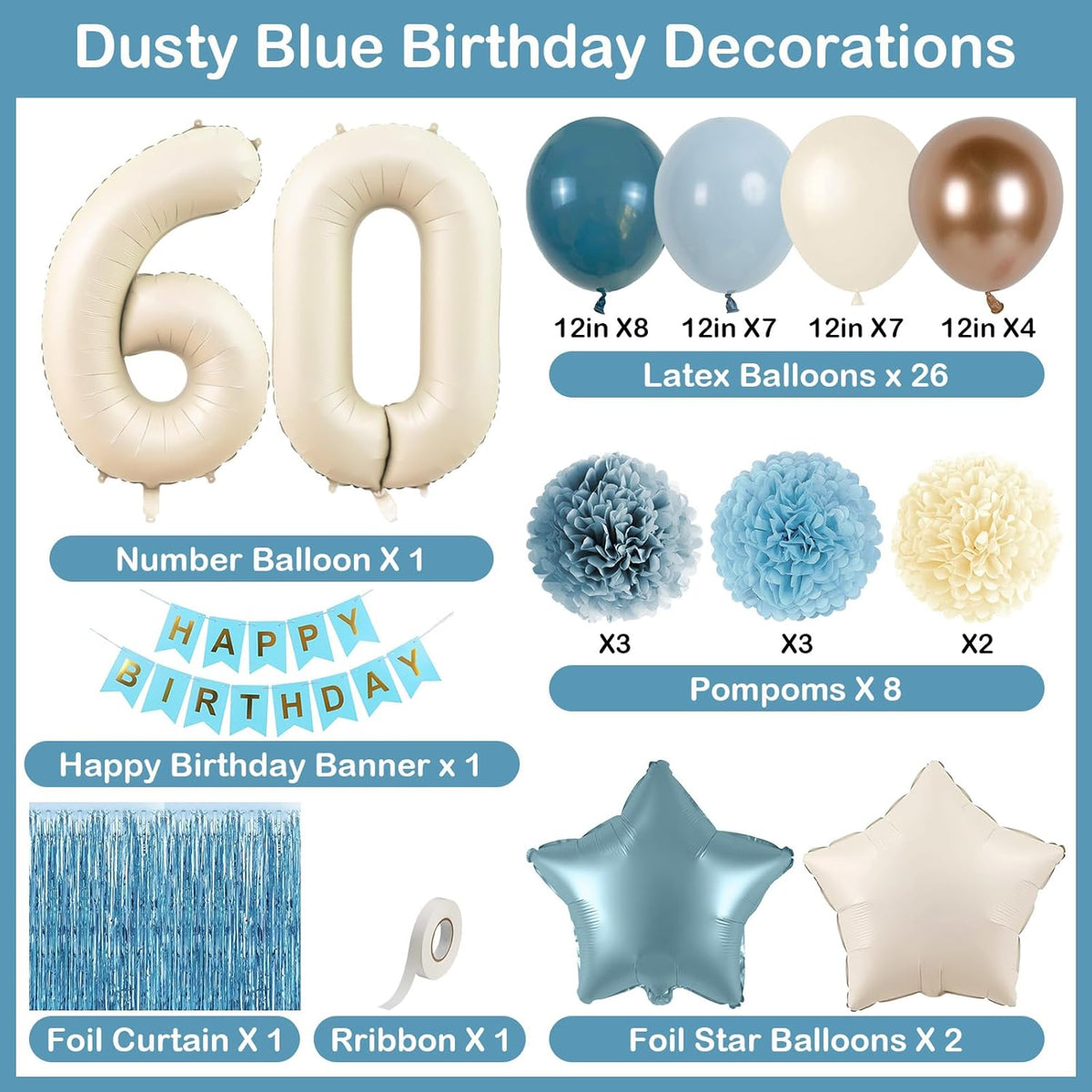 Dusty Blue 60th Birthday Party Decorations for Women Men Beige Cream Number 60 Balloon with Blue