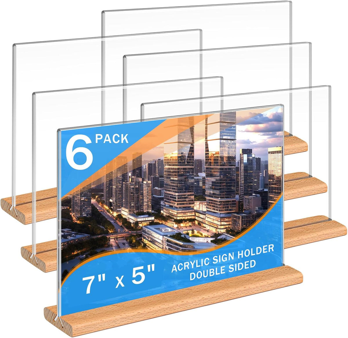Kersally Acrylic Sign Holder 7 x 5'',6 Pack Double-Sided Clear Table Display Stands with Wood