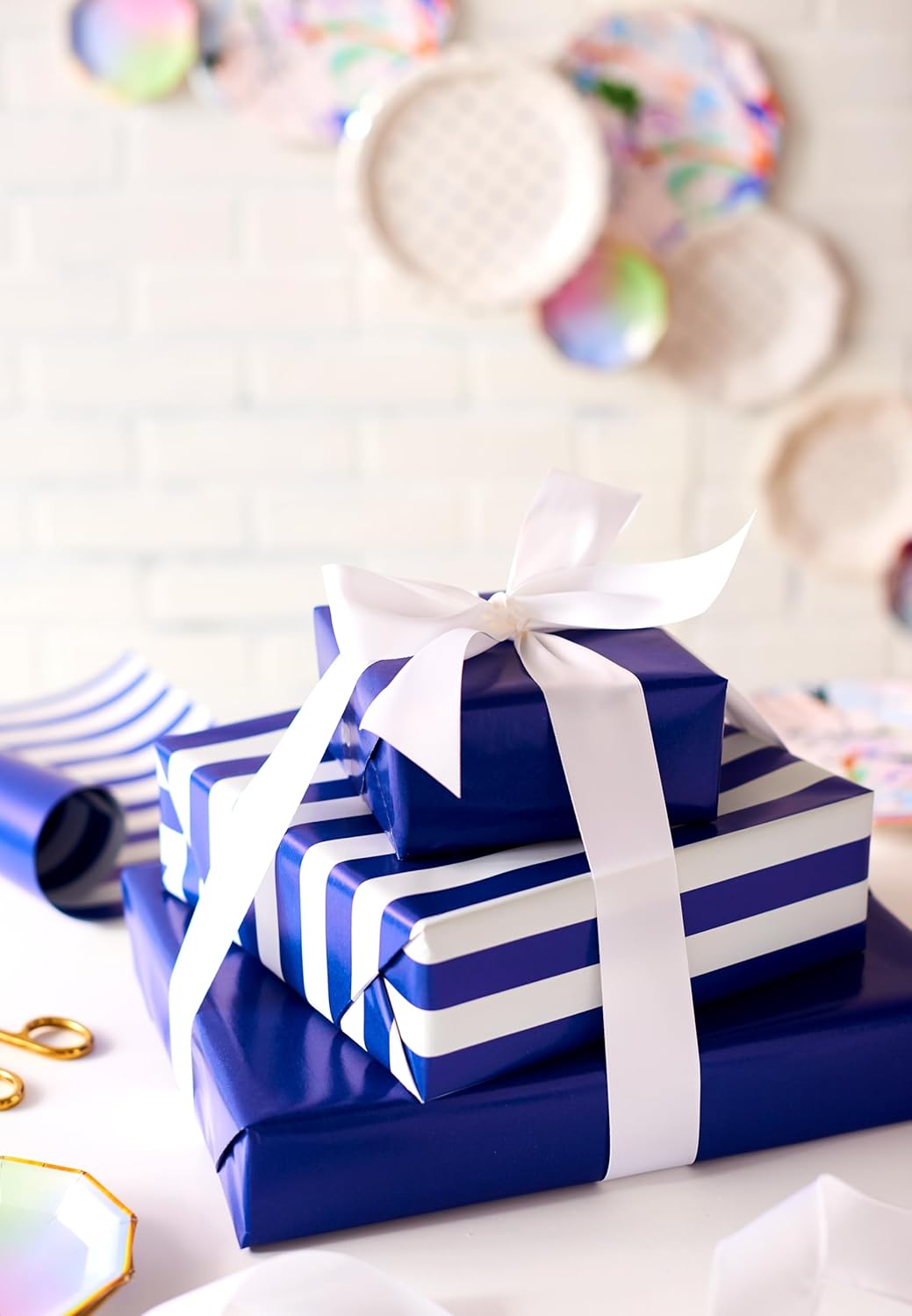 American Greetings Reversible Wrapping Paper Jumbo Roll for All Occasions, Navy and Stripes (1