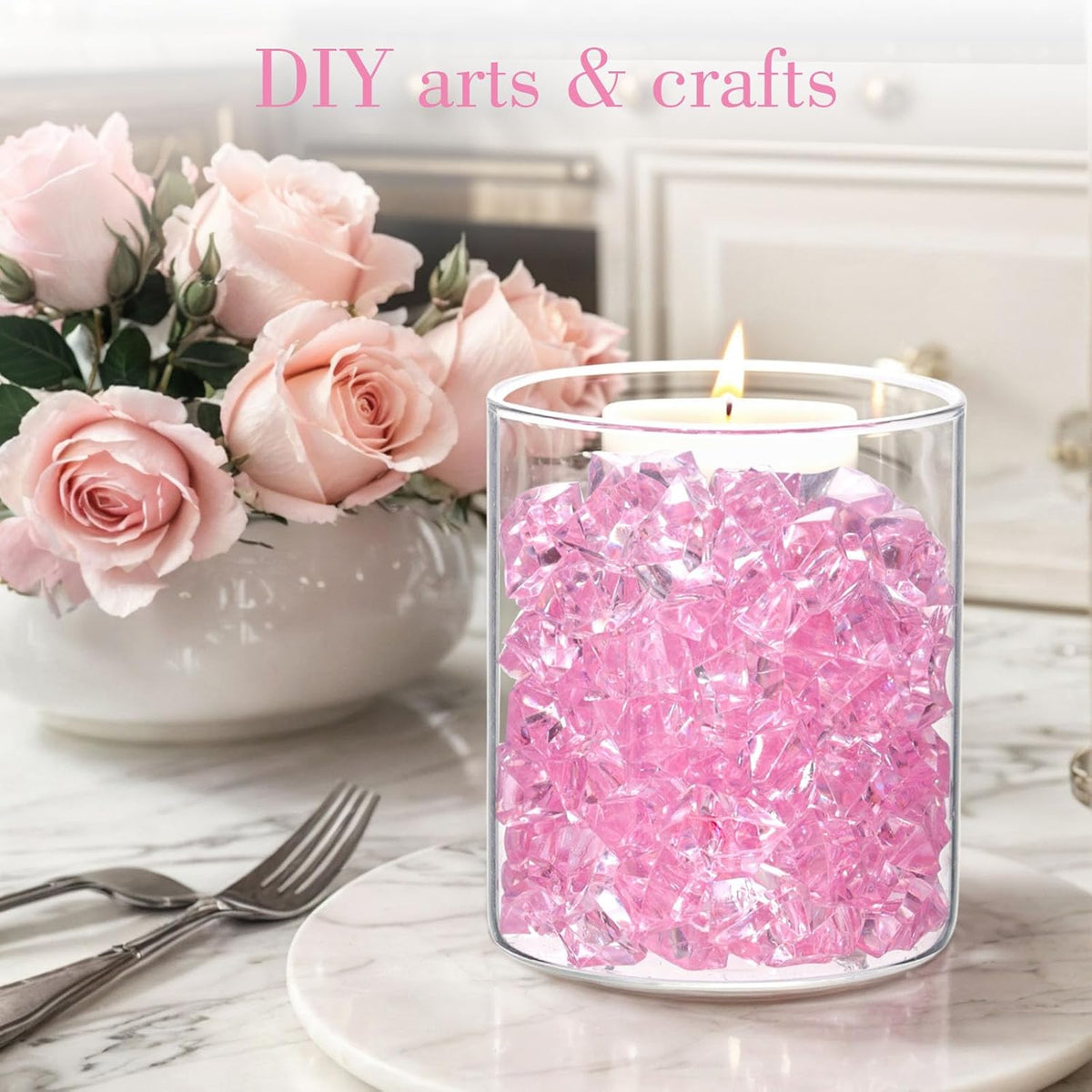 DOMESTAR Pink Fake Ice, 150PCS Acrylic Fake Diamonds, Plastic Crystals Gems, Vase Fillers DIY Craft