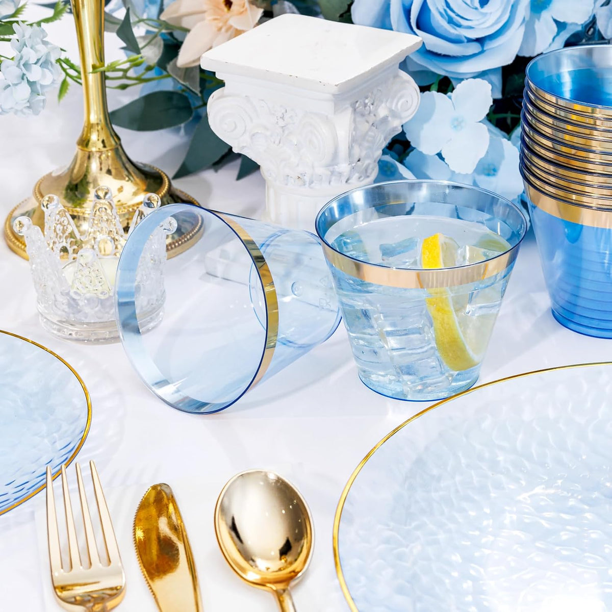 Rubtlamp 350 Pcs Clear Blue Plastic Plates, Blue Gold Plastic Dinnerware Set (50 Guests), Blue