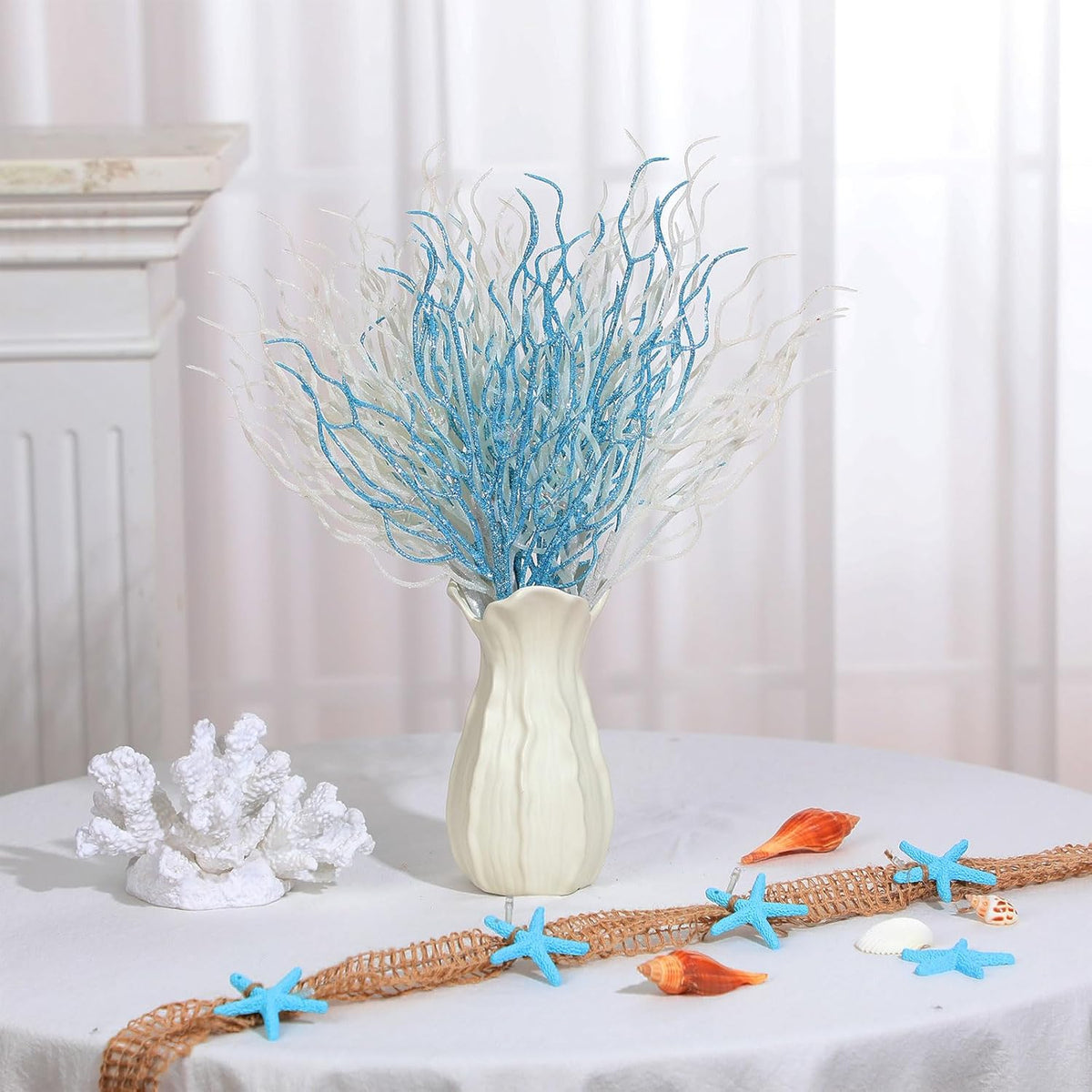 8 Pcs Blue White Coastal Ornaments for Christmas Tree 15.7inch Glitter Coral Beach Ocean Spray Pick