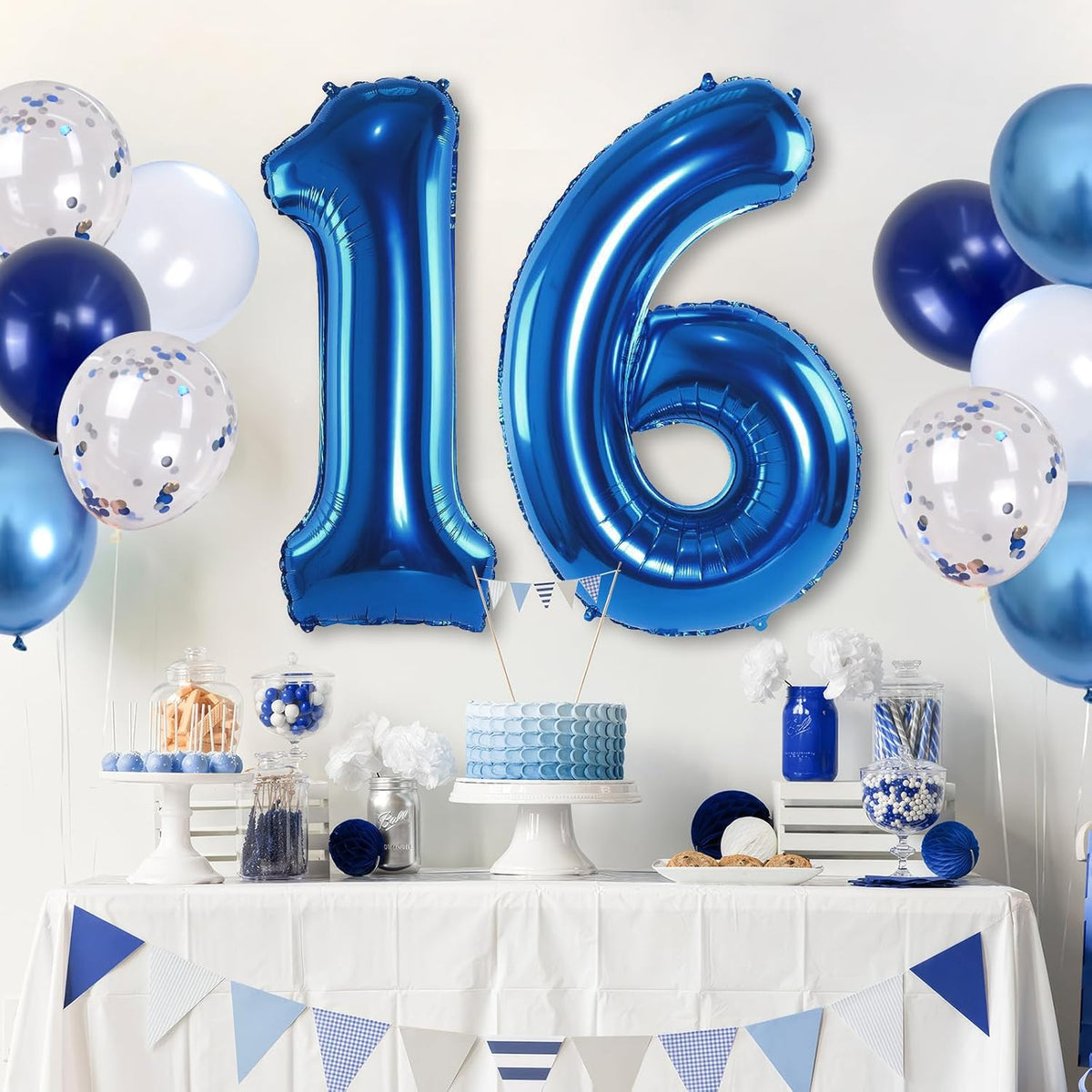 16 Balloon Number Blue, Big Number 16 Balloon Pastel Navy Dark Blue with Metallic Silver Confetti