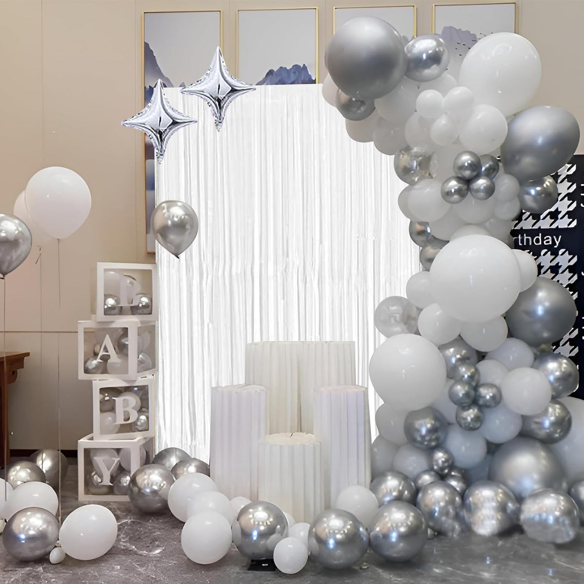 White Foil Fringe Curtain 3.3×8.3FT 2 Packs, Metallic Tinsel Curtains Party Streamers for Birthday
