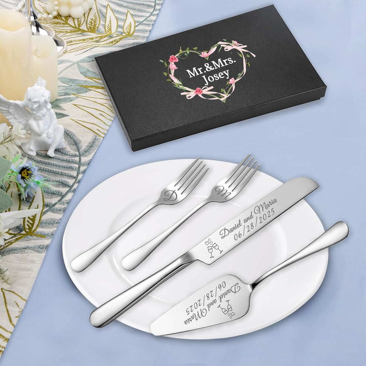 Personalized Wedding Cake Knife and Server Set, Custom Names Cake Cutting Set with Stainless Steel