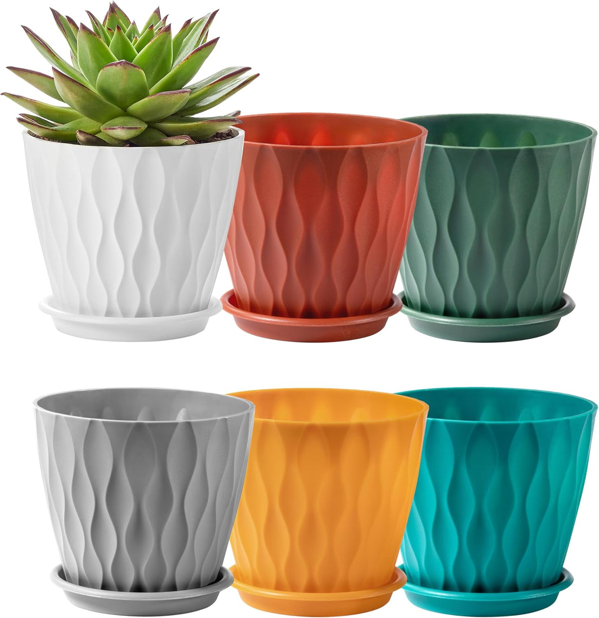 FaithLand 6-Pack 6-Inch Plastic Plant Pots with Saucers | Thickened PP Material, Modern Wave
