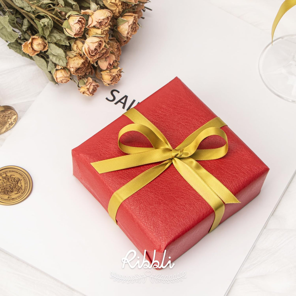 Ribbli Double Faced Gold Satin Ribbon,3/8” x Continuous 25 Yards,Use for Bows Bouquet,Gift