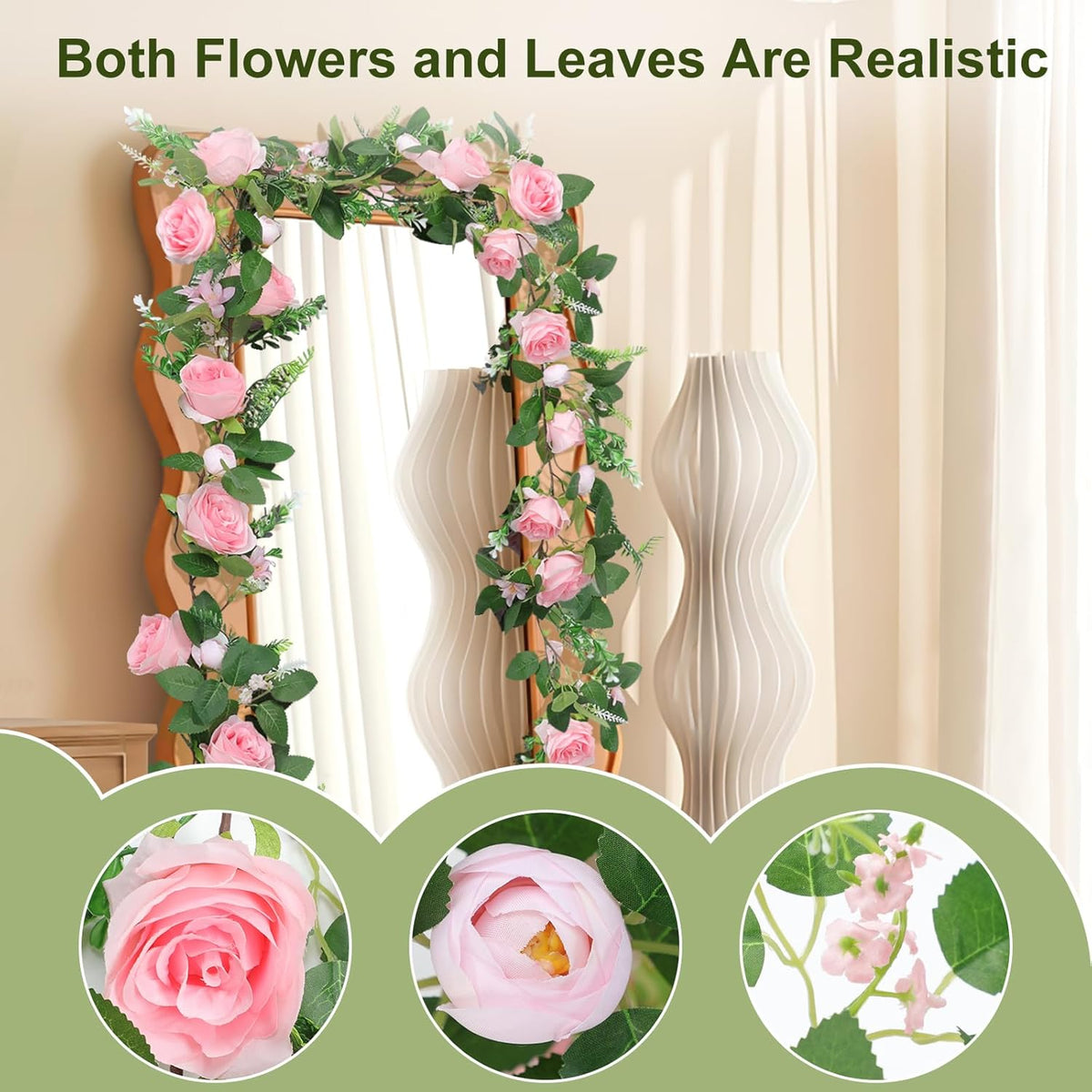 Naidiler Full Pink Flower Garland, 6.2FT Artificial Rose Floral Vine Pretty Spring Pink Flower