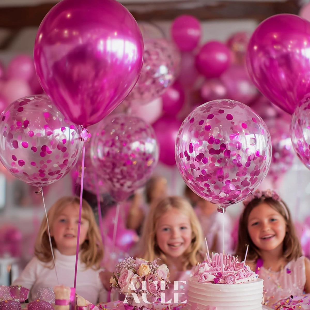 AULE Party Balloons Pack of 42 - Metallic Chrome Hot Pink Balloons and Hot Pink Confetti Latex