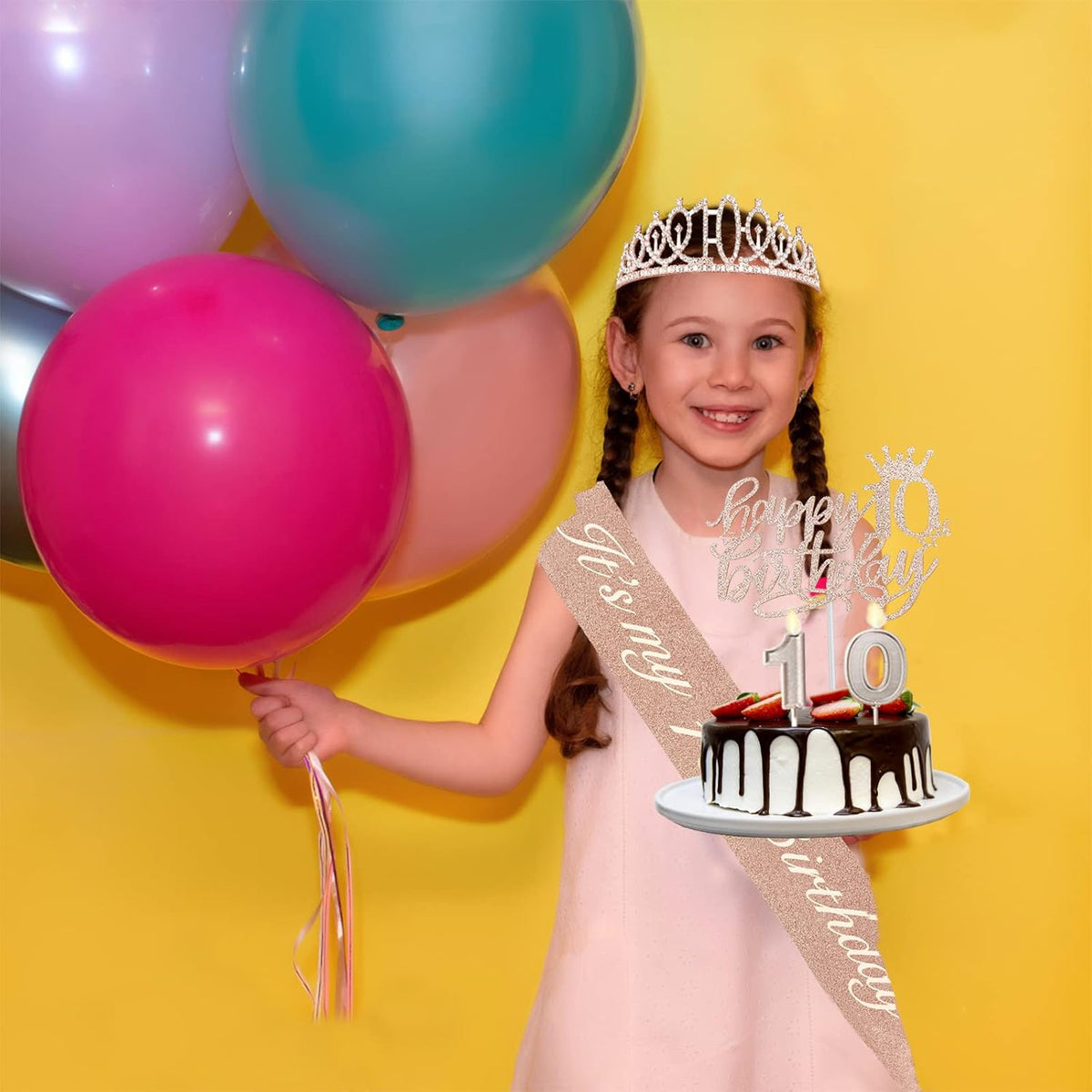 10th Birthday Decorations for Girls, Including Sash, Crown/Tiara, Candles, Cake Topper. 10th