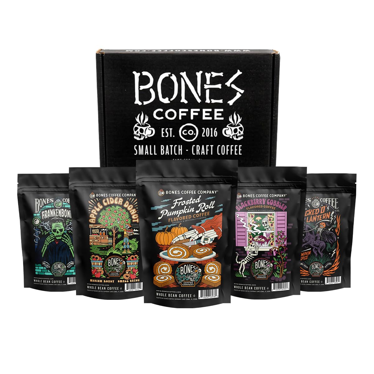 Bones Coffee Company Fall Favorites Pack, 5 Assorted Flavored Coffee Low Acid Medium Roast Arabica