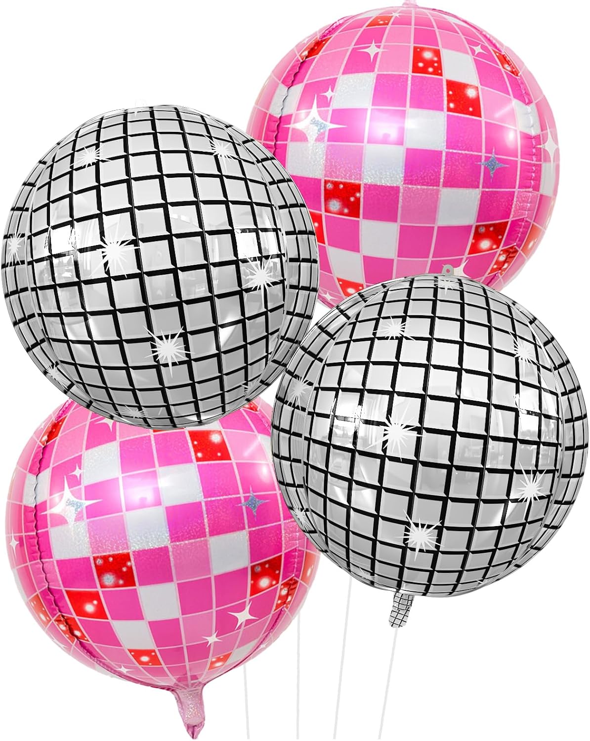 Disco Ball Balloons Pink Silver 4PC,Foil Disco Balloons 22 Inch 4D Round Pink Silver Balloon for