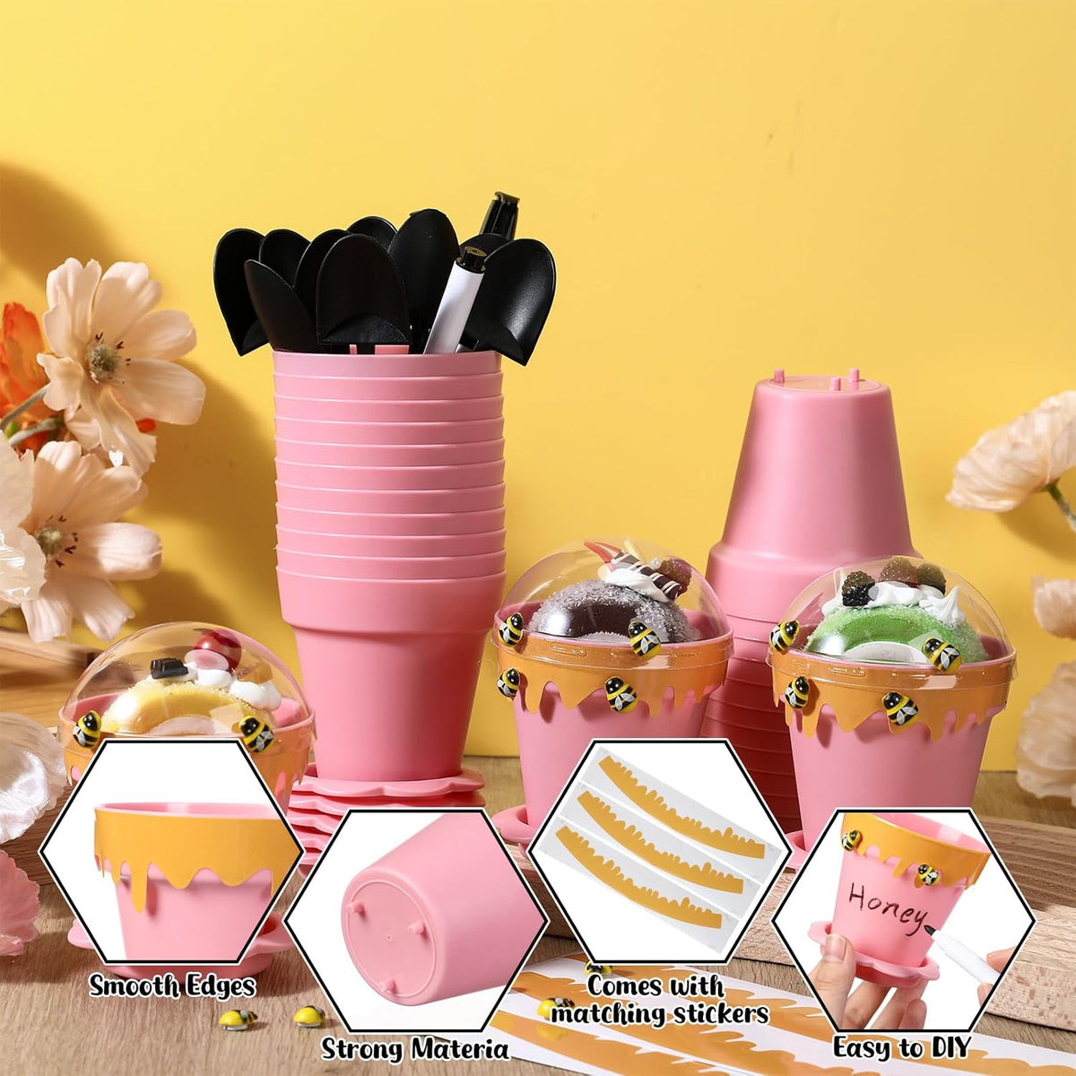 30 Sets Mini Honey Bee Pots with Lids, Spoon, Saucers and Bee Charms, 6.76 OZ Plastic Honey Jars