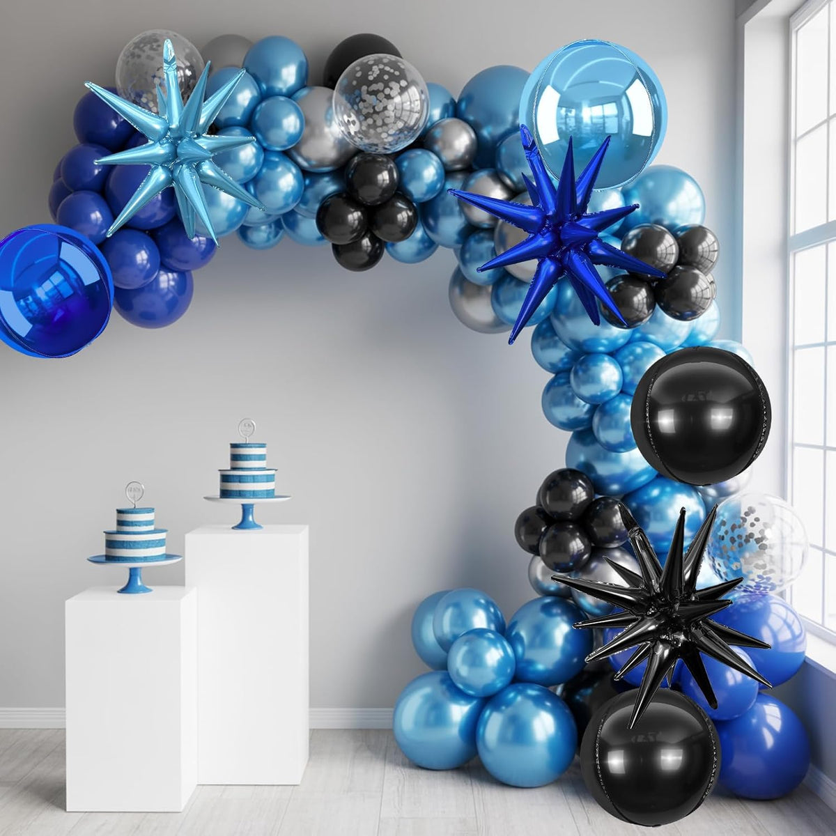 6Pcs Black Blue Foil Balloons,22Inch Navy Blue Black 4D Round Ball Balloon and Explosion Star