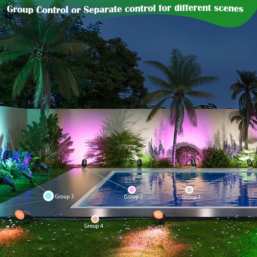 Low Voltage Landscape Lighting with 4 Spot Lights, RGB Color Changing from Warm to Cool White 5000K