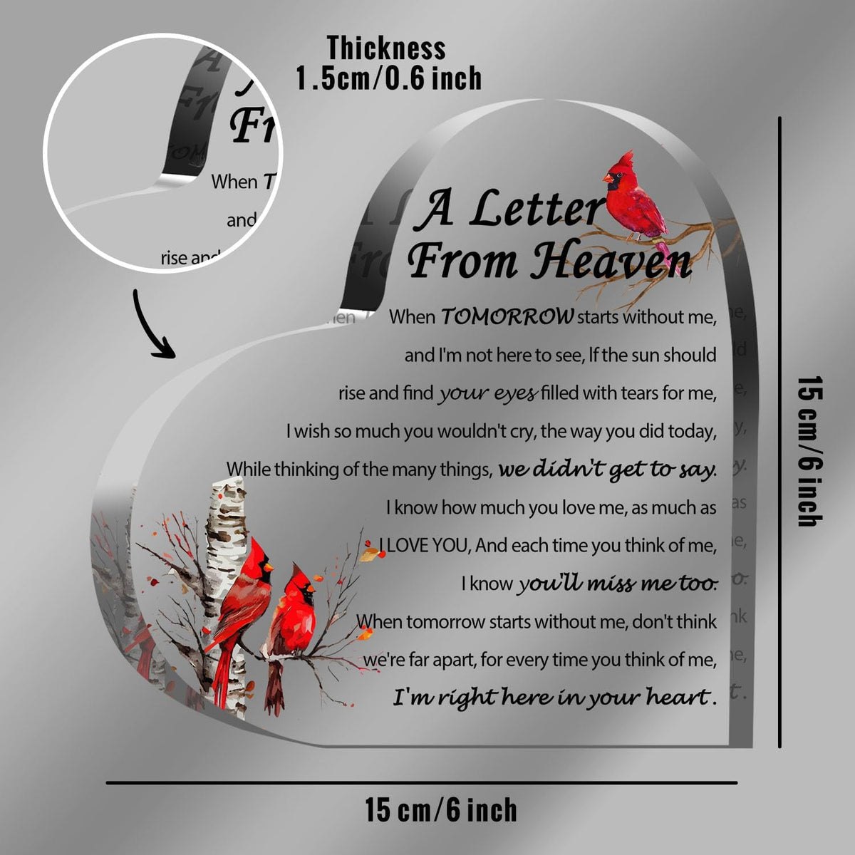 Sympathy Gifts, Red Cardinal Gifts - A Letter from Heaven - Crystal Acrylic Paperweight Remembrance