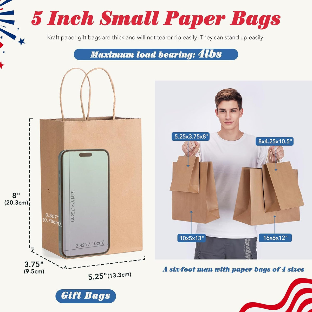 GSSUSA 200 Pack Brown Paper Bags 5.25x3.75x8 Inch Small Gift Bags with Handles Bulk, Brown Kraft