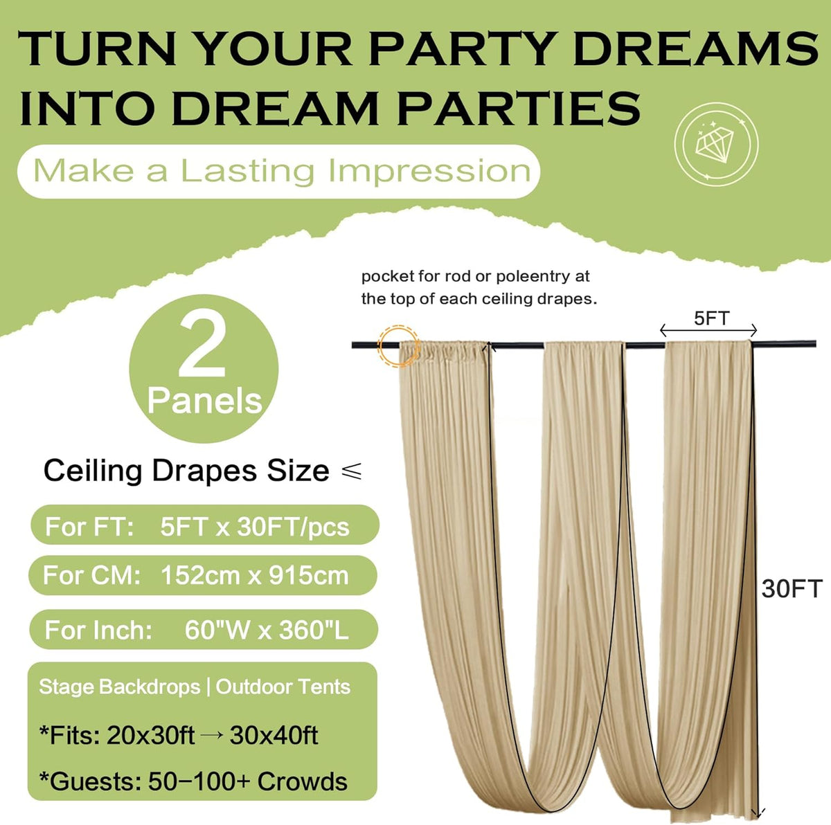PartyVillage 2 Panels 5ftx30ft Beige Ceiling Drapes for Wedding Parties – 30 FT Extra Long Thick