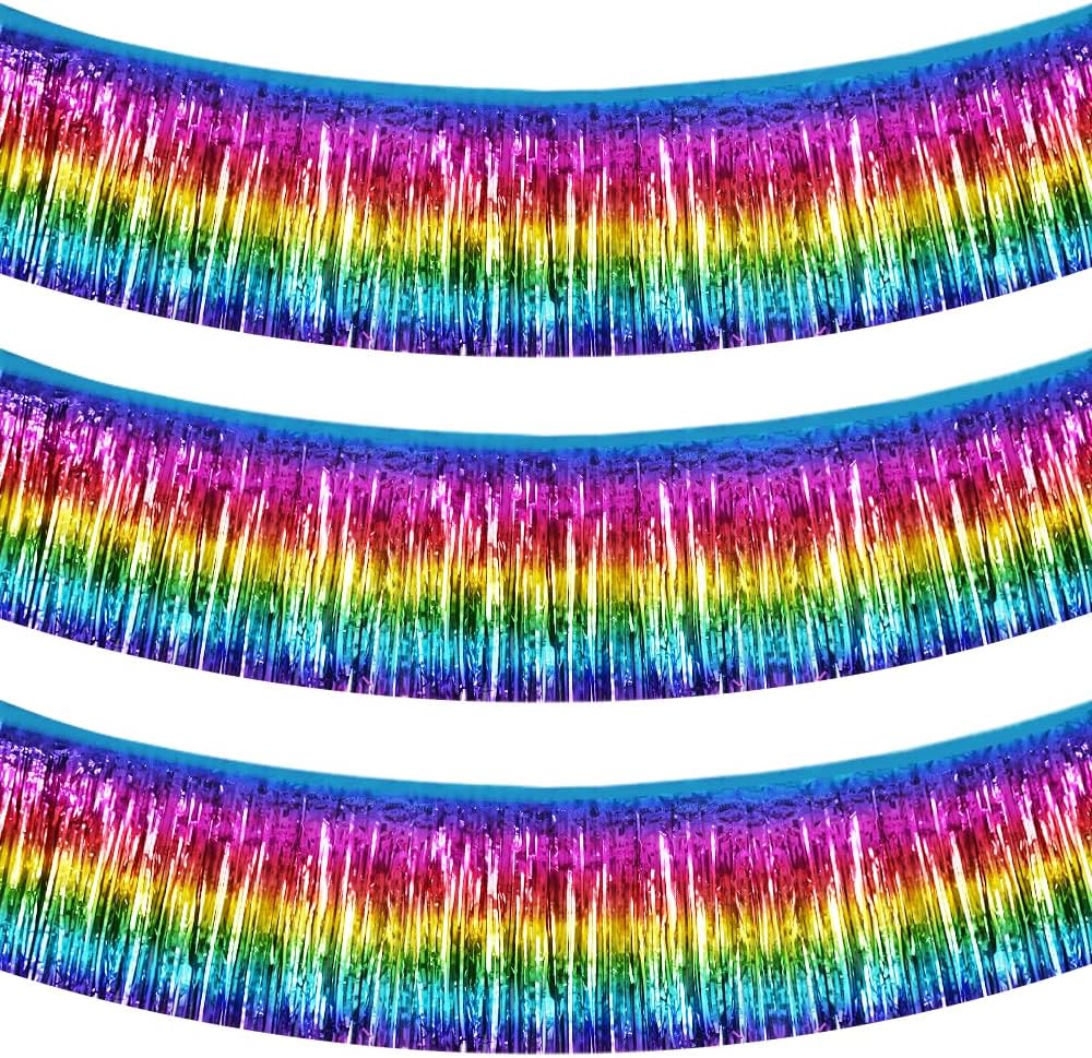 BEISHIDA 3 Packs Metallic Foil Fringe Garland Dark Rainbow Wall Hanging Tinsel Fringe Banners for