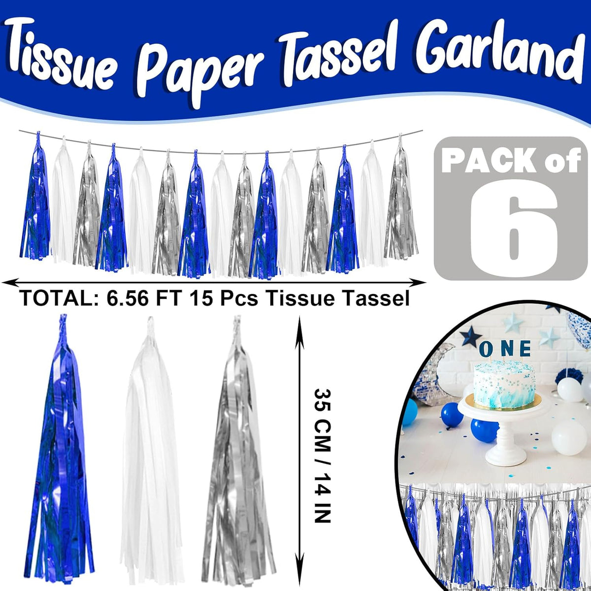 6P Navy-Blue White-Silver Tassel Garland Banner, Tassels Banner Streamers for Parade Floats