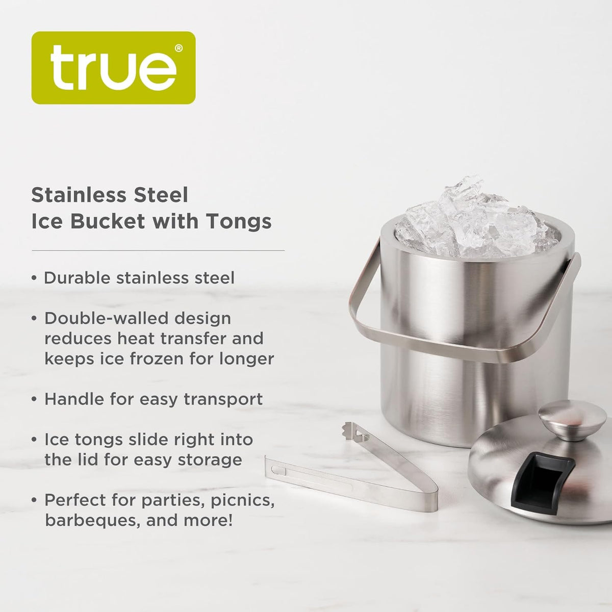 True Stainless Steel Ice Buckets for Parties with Lid, 1.3L Capacity Double Wall Ice Bucket with