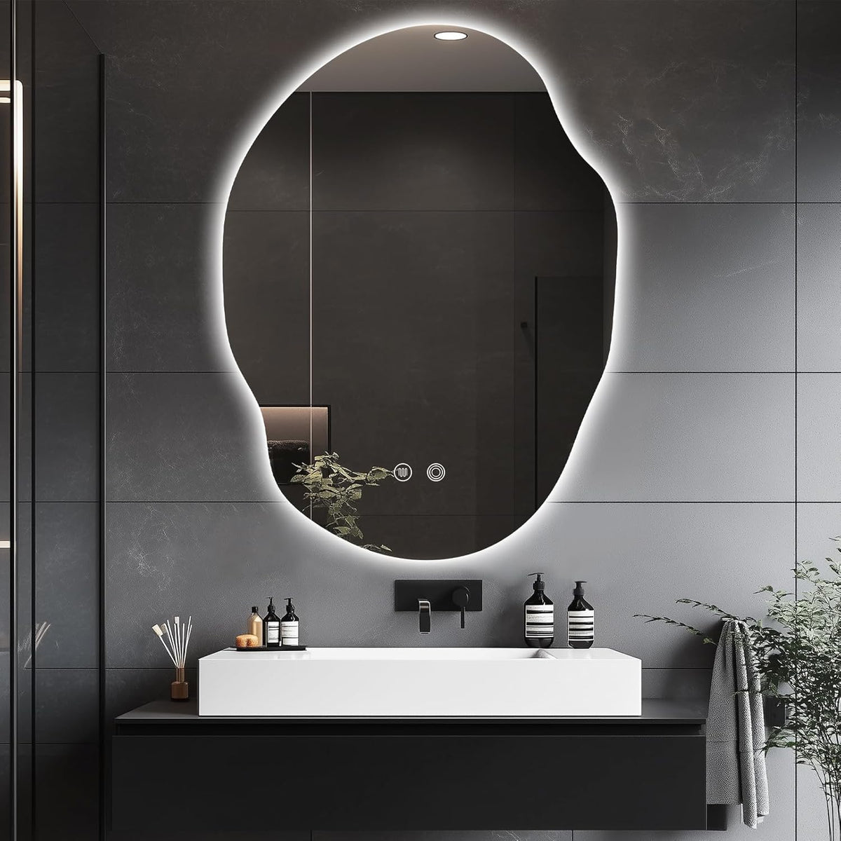 Irregular LED Bathroom Mirror with Lights,Asymmetrical Led Bathroom Vanity Mirror for Wall with