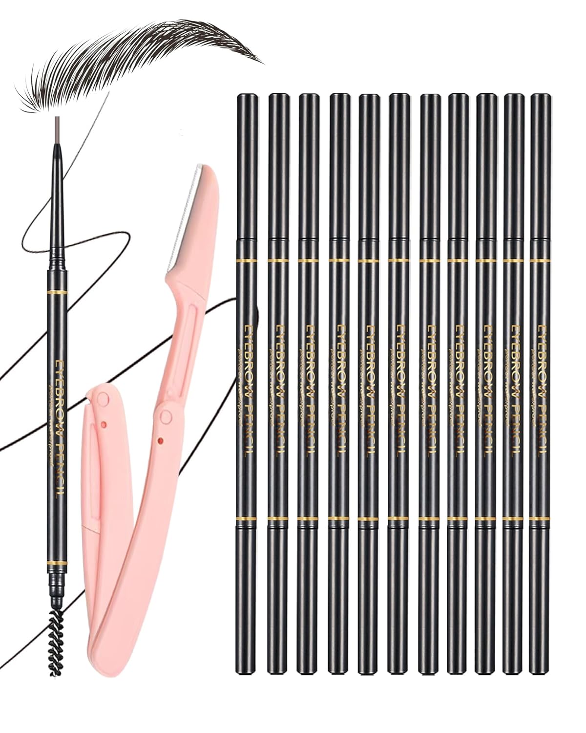 Black Eyebrow Pencils for Women, 12Pcs Ultra Slim Eyebrow Pencil with 2 Brow Razors Kit, Double