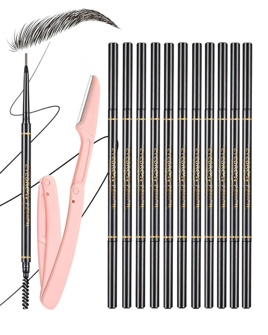 Black Eyebrow Pencils for Women, 12Pcs Ultra Slim Eyebrow Pencil with 2 Brow Razors Kit, Double