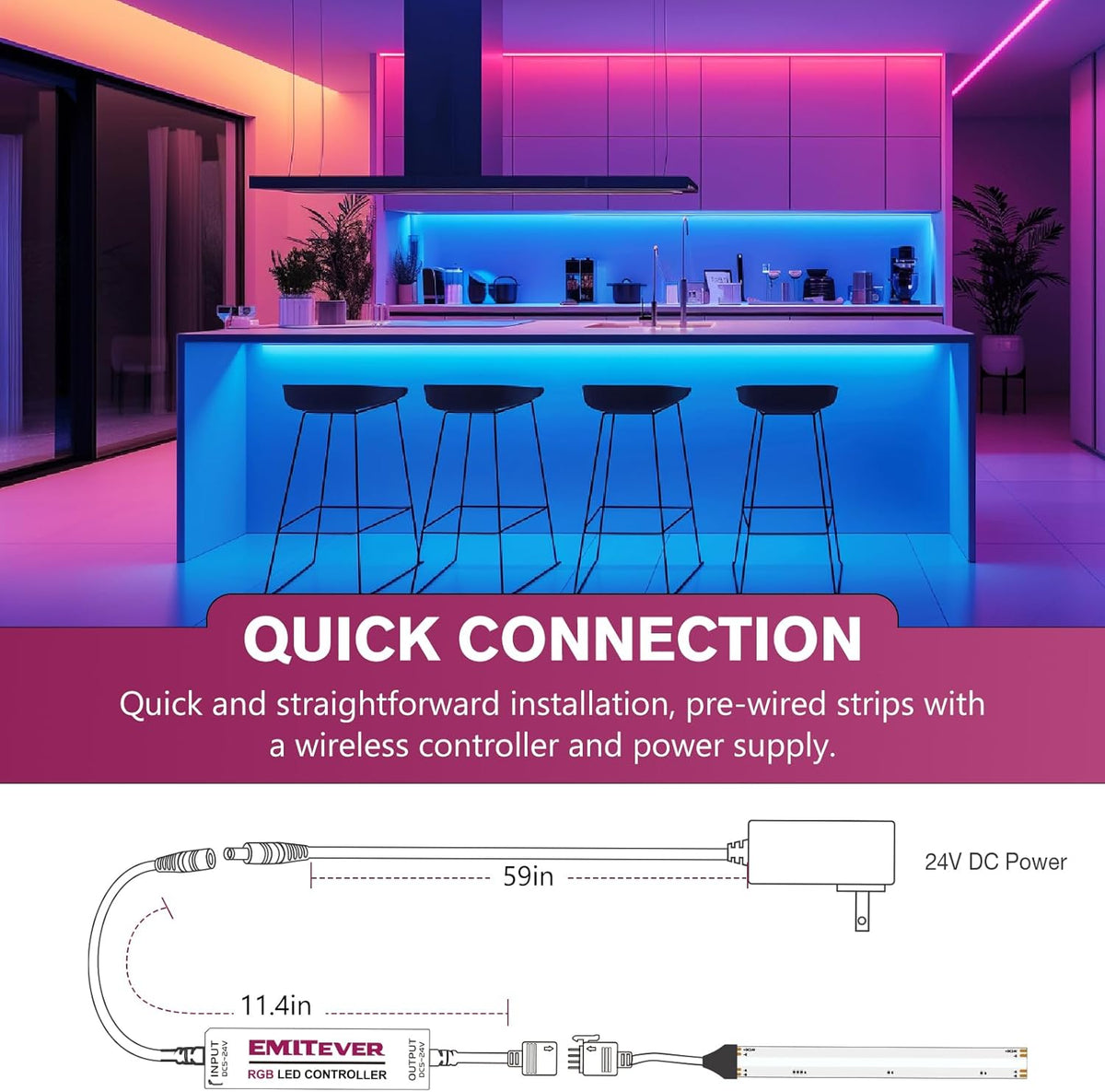 EMITEVER RGB LED Strip Light 16.4ft, Dimmable COB 24V Flexible LED Color Changing Tape Light Kit
