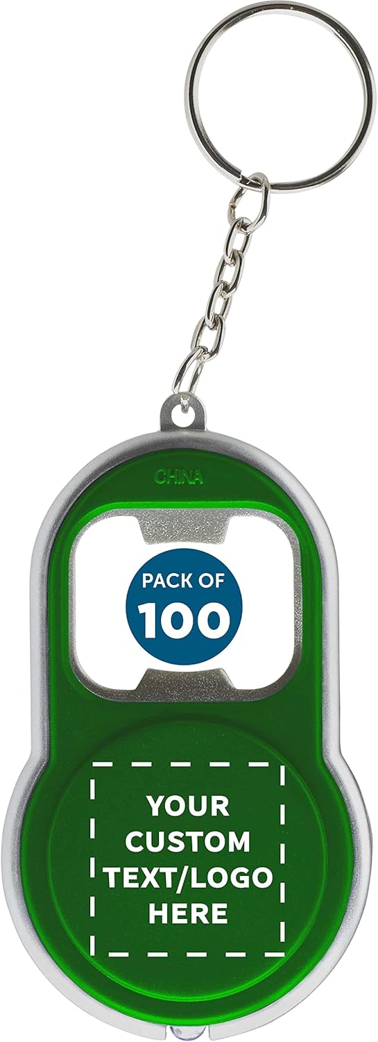 DISCOUNT PROMOS Custom Bottle Opener & LED Keychains Set of 100, Personalized Bulk Pack - Perfect