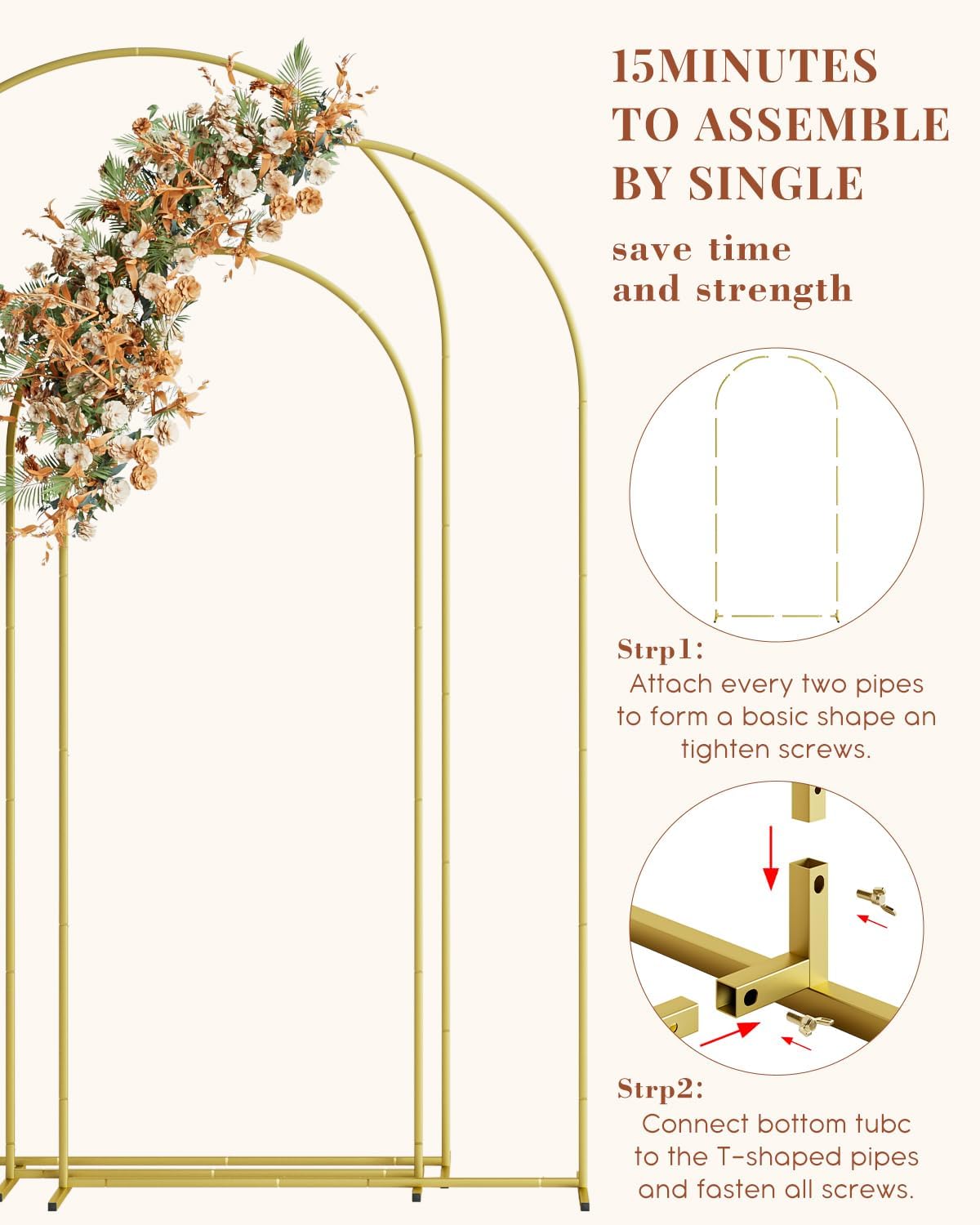 Wedding Arch Set of 3, Gold Metal Arch Backdrop Stand, Balloon Arch Stand Wedding Frame for