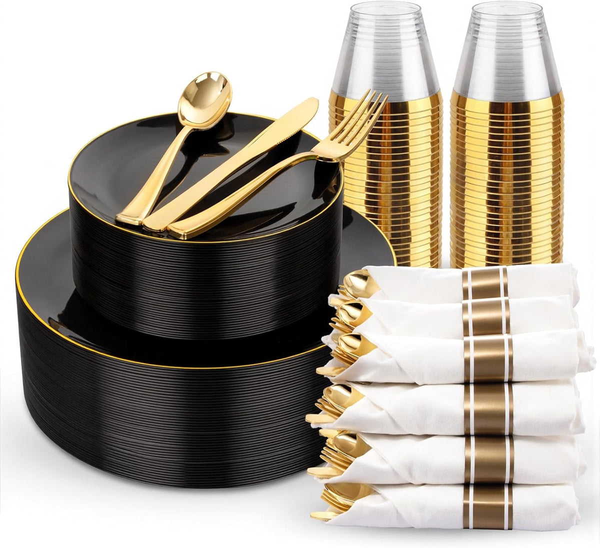 KIRE 175Pcs Black Plates Disposable - Heavy Duty Black and Gold Plastic Plates- 25 for Dinner 25