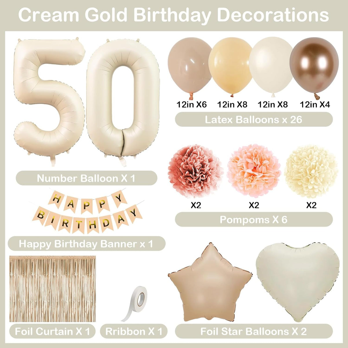 Beige 50th Birthday Decorations for Women Cream Number 50 Balloon Nude Gold Happy Birthday Banner