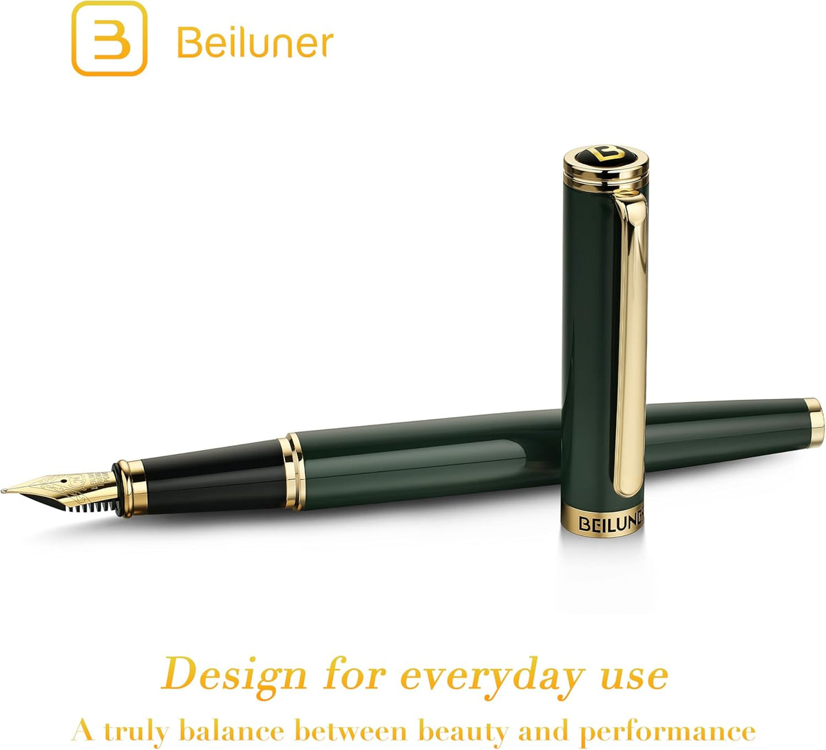 BEILUNER Racing Green Fountain Pen,Stunning Luxury Pens with 24K Gold Finish, Gorgeous 24K Gilded