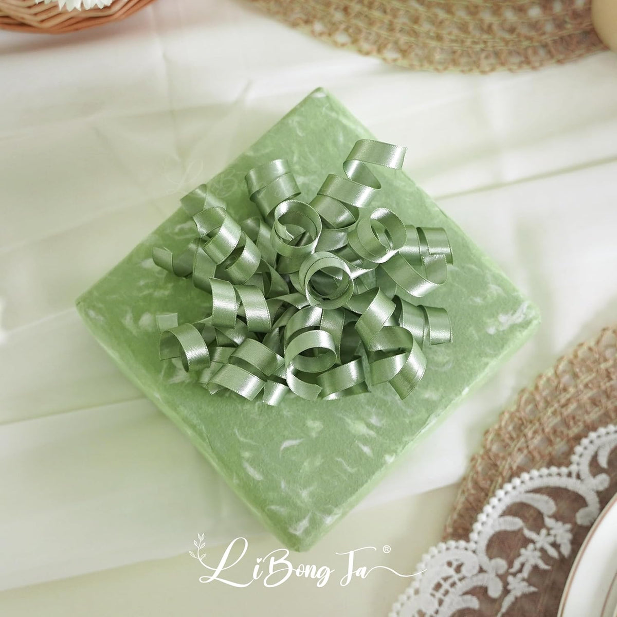 5'' Sage Green Bows Curly Ribbon Bows for Gift Wrapping, Satin Bows with Double-Sided Tape, Self