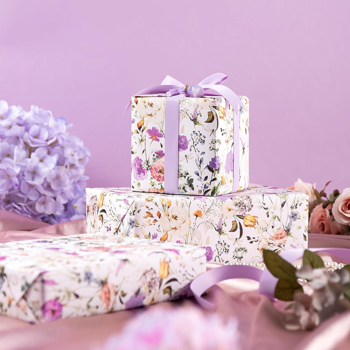 WRAPAHOLIC Kraft Floral Wrapping Paper Roll - Mini Roll - 17 Inch x 16.5 Feet - Garden Wildflower