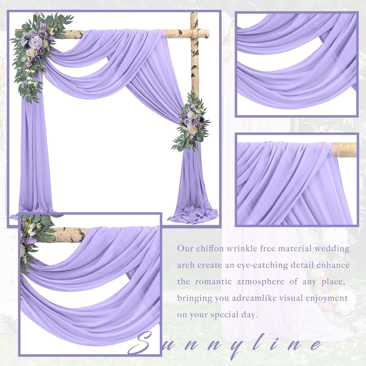 Wedding Arch Draping Fabric 4 Panels 20Ft Length x 28" Width Lilac Arch Drapes Chiffon Fabric Sheer