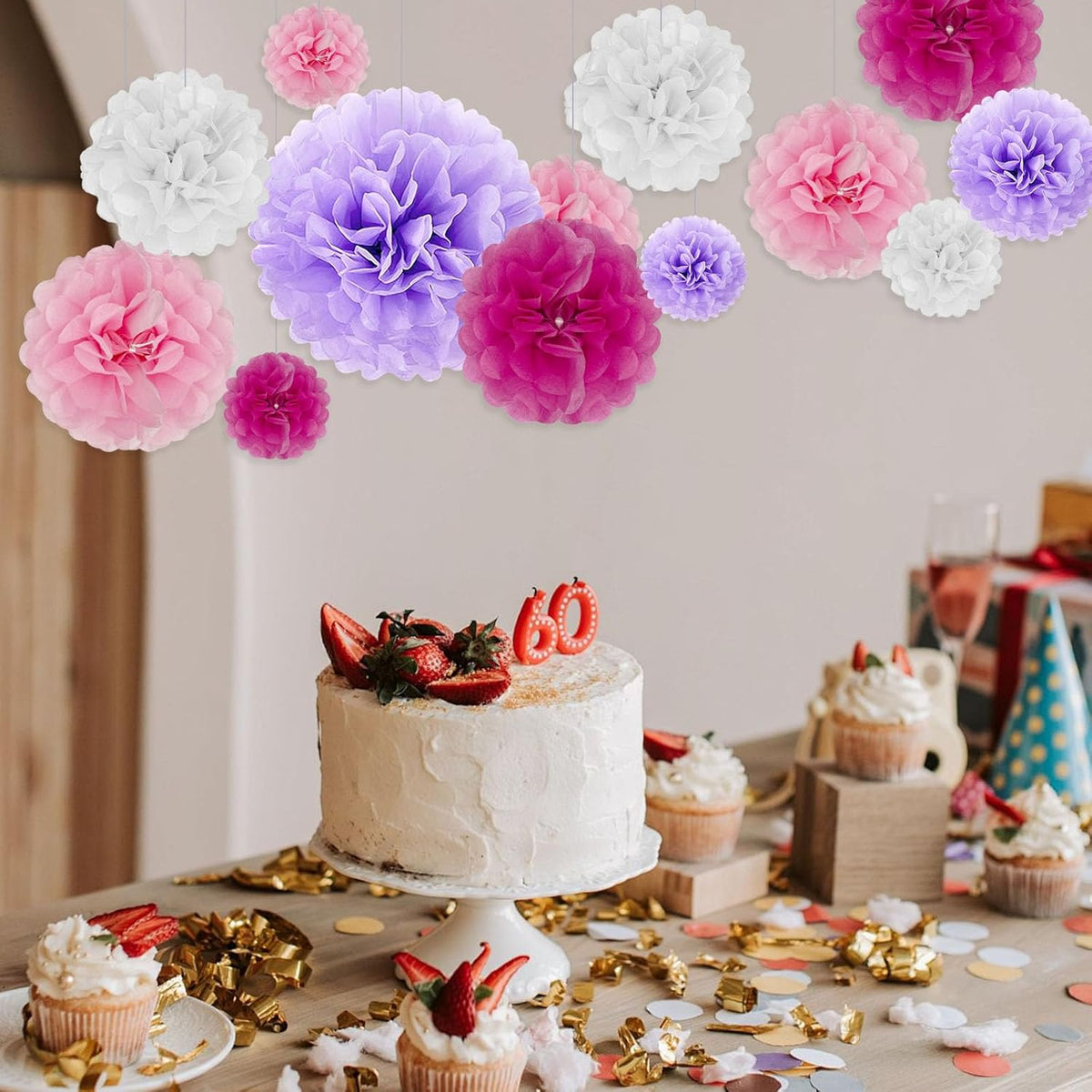 Tissue Paper Pom Poms, Purple Pink White Tissue Paper Flowers, Hanging Flower Balls for Weddings