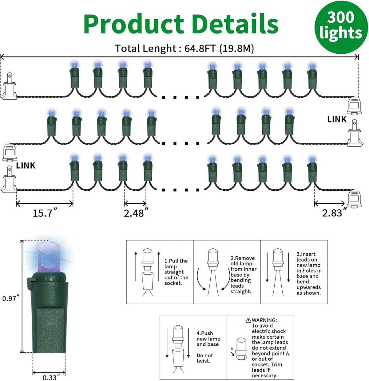 Blue Wide Angle LED Christmas Lights, 64.8 Ft 300 Count, Pack of 3 Strands 21.9 Ft 100 Lights UL