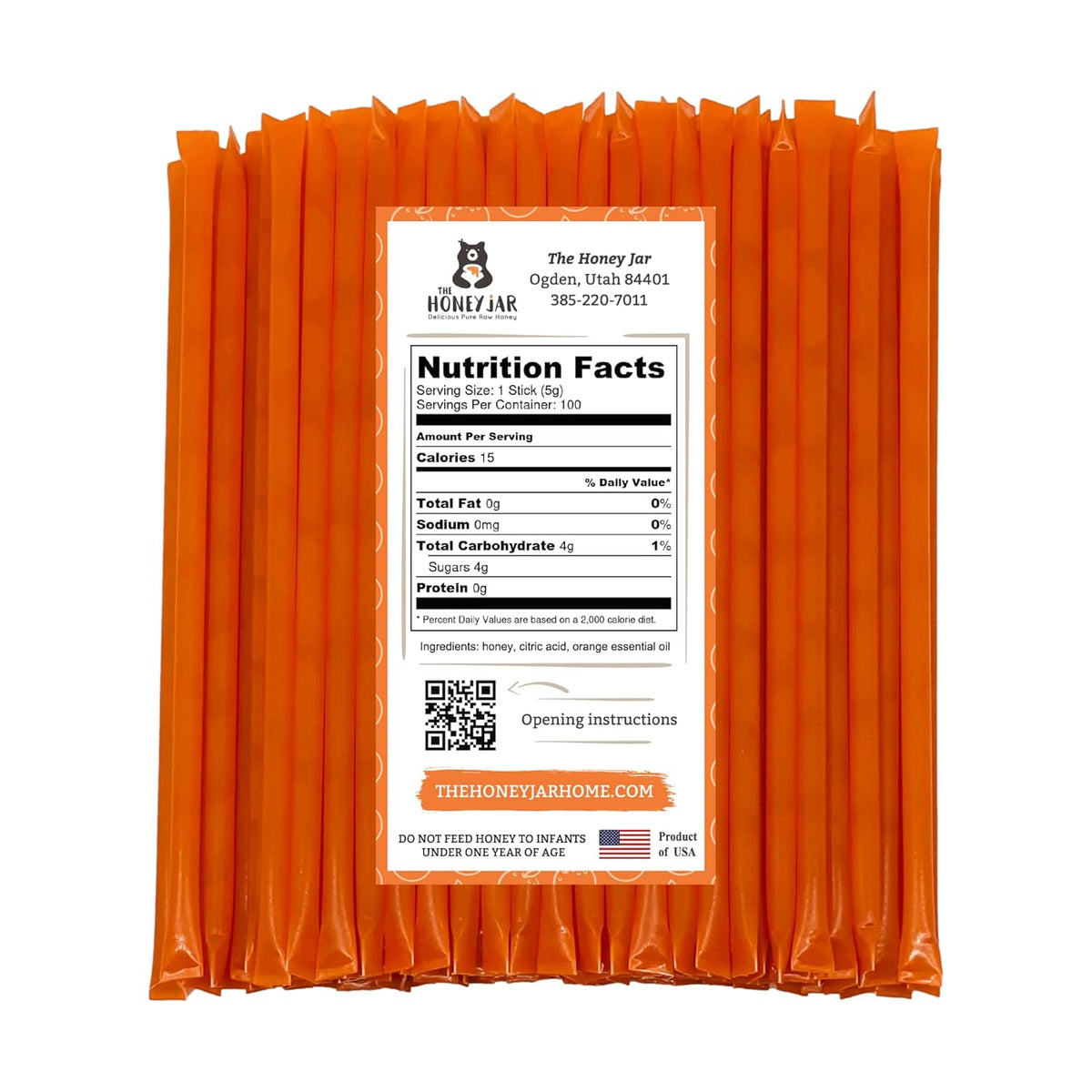 The Honey Jar Orange Flavored Honey Sticks - Pure Honey Straws For Tea, Coffee, or a Healthy Treat