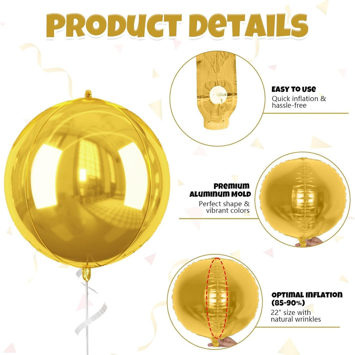 Giant 4D Foil Balloons, 6Pcs Large Metallic Black Gold Silver Round Balloons, 22 Inch Big Round