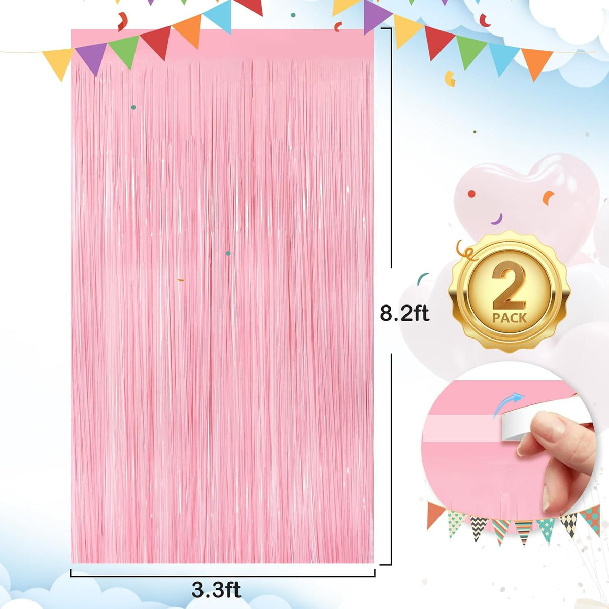 2Pack Pastel Pink Metallic Tinsel Foil Fringe Curtains, 3.3 X 8.3ft Pink Party Streamers Backdrop