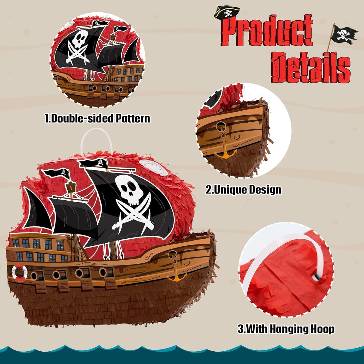 WERNNSAI Pirate Piñata - Pirate Ship Piñata with Blindfold and Bat for Boys Kids Caribbean Pirate