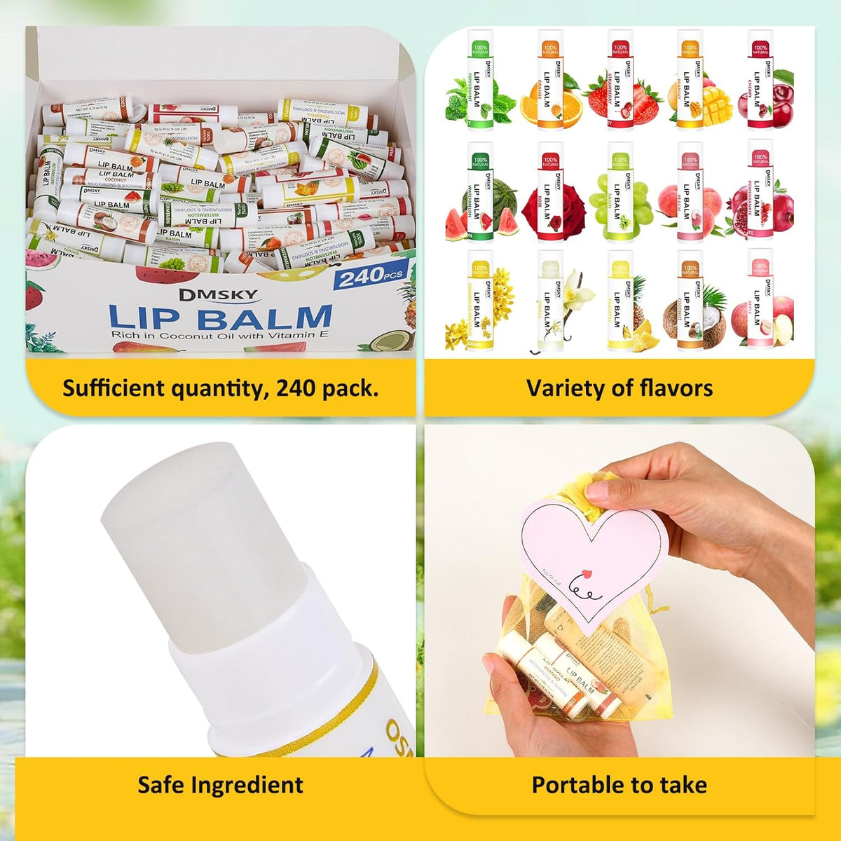 DMSKY 240 Pack Lip Balm, Natural Lip Balm Bulk with Vitamin E and Coconut Oil, Moisturizing Lip