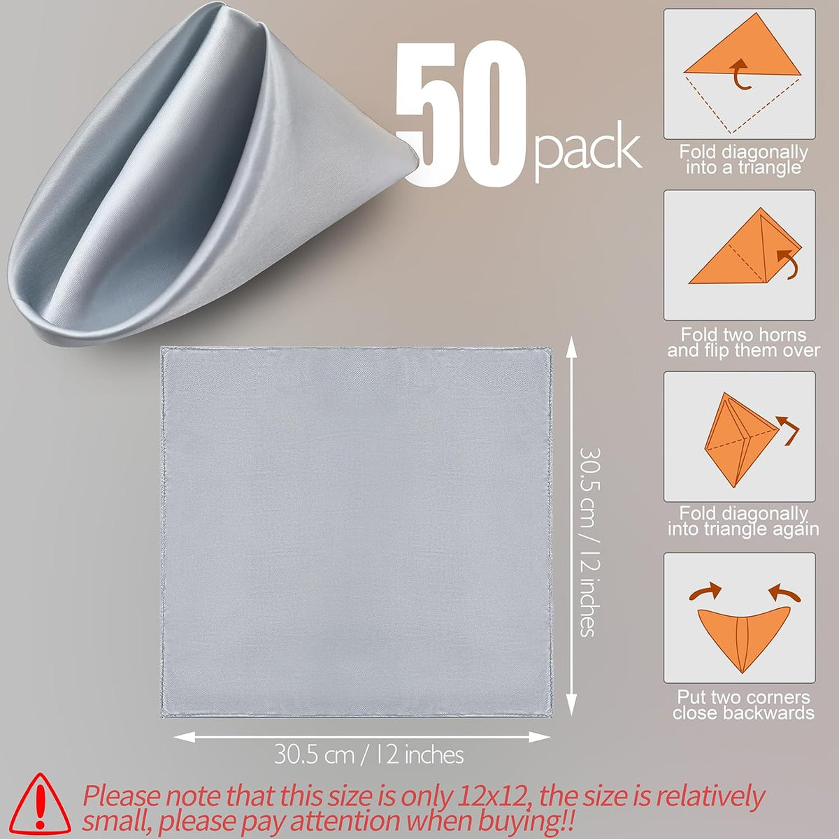 Manyshofu 50 Pieces Silver Satin Napkins - 12x12 Inches Cloth Napkins, Square Satin Fabric Napkin