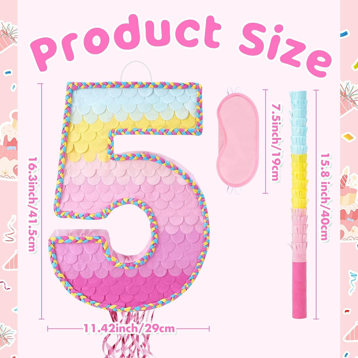 WERNNSAI Pink Sweet Five Pinata - Number 5 Pinata Happy Birthday Decoration Pink Rainbow Design