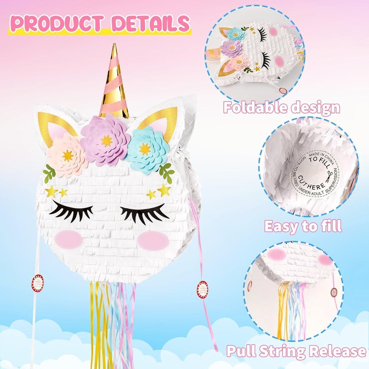 Foldable Unicorn Piñata - Unicorn Birthday Party Supplies Extendable Piñata with Blindfold Bat and