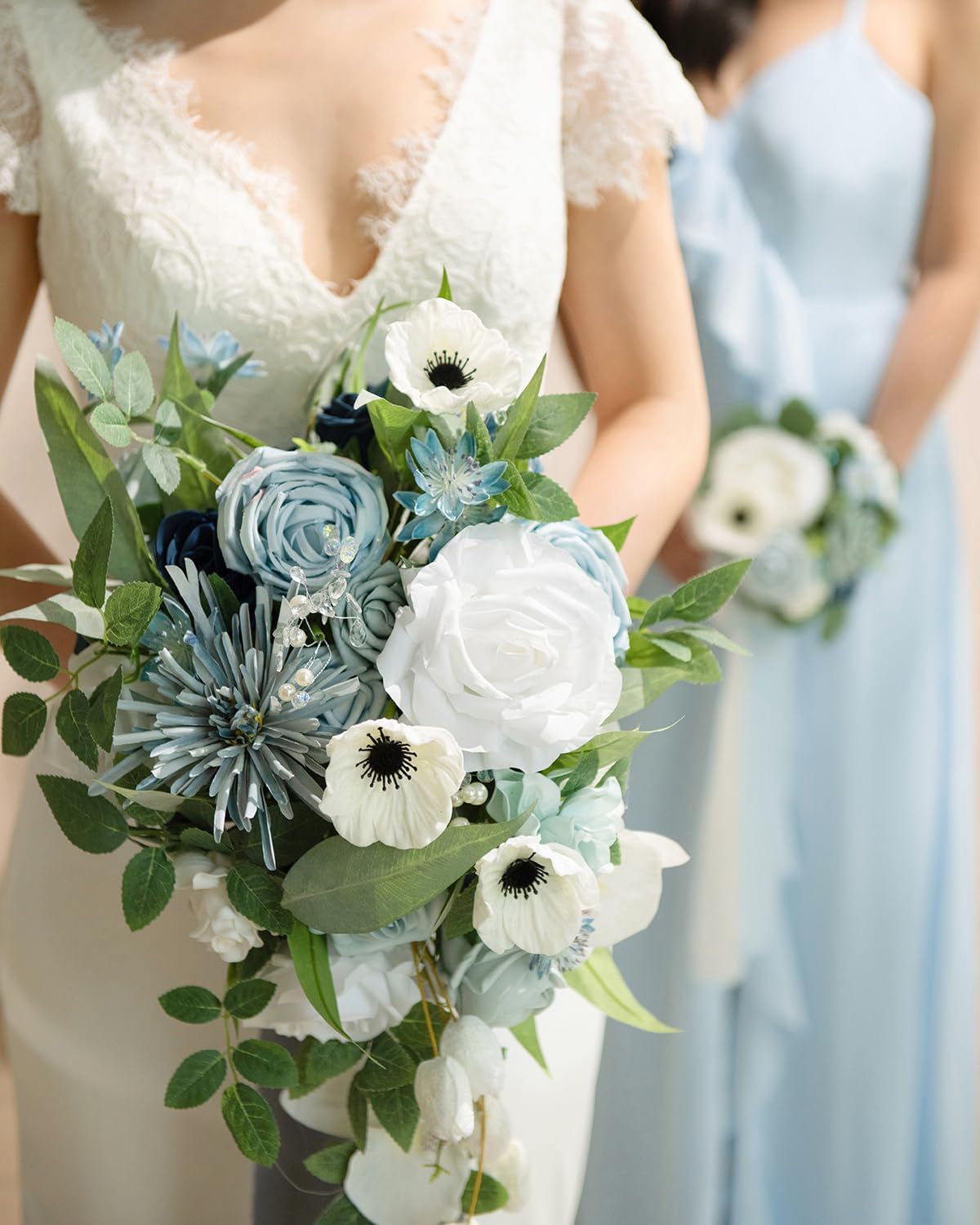 Ling's moment Dusty Blue Bridal Bouquet Cascading, Wedding Bouquets for Bride, 15 Inch Bride